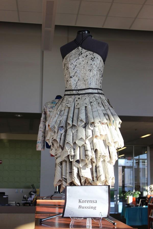 Korensa Bussing created a long puffy newspaper dress using lots of comics. 