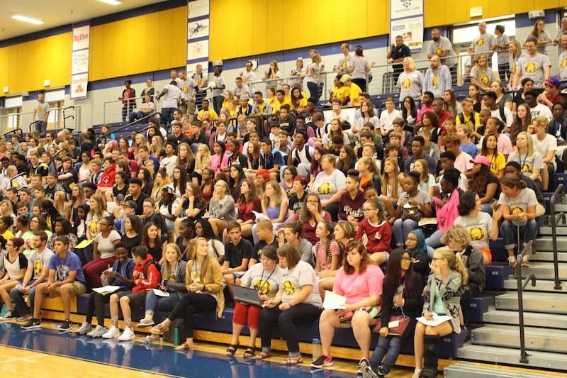 Freshmen are watching/talking during the jump-start day assembly. (Photographed by Morgan Evanoff) 