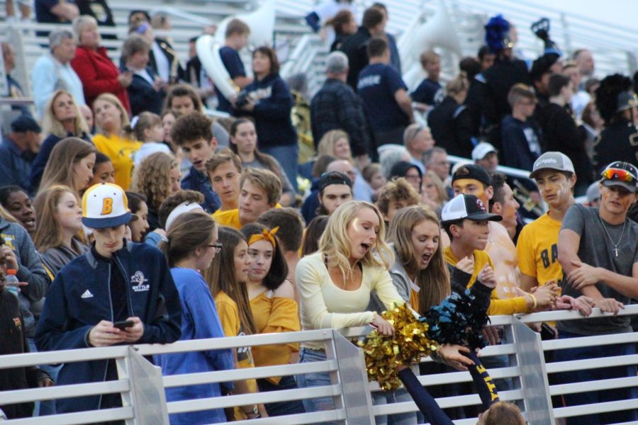 Sydney Wright and Addisyn Creed cheer on the team at the homecoming game.