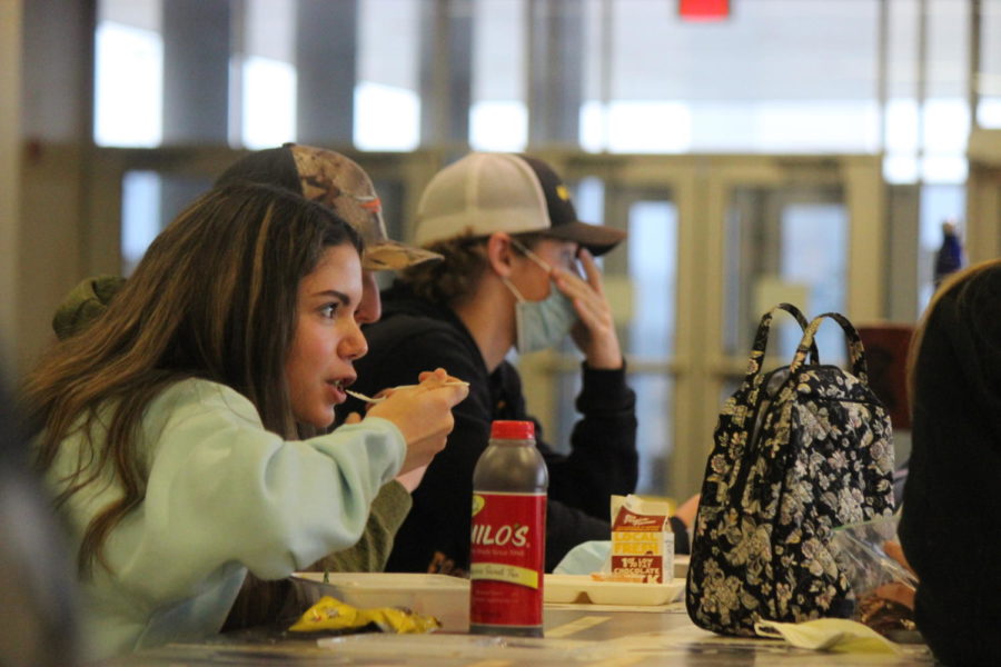 Students take advantage of their lunch hour chatting and filling up on food 