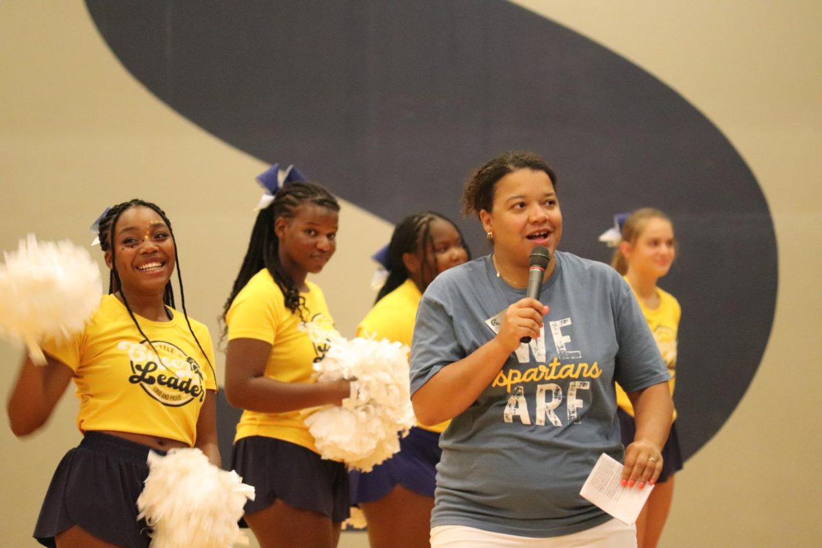 Principal Dr. Galbreath speaks to freshman at jump start day. Before the first day of school freshman participated in a Jump Start Day full of games, activities, and tours around the school.