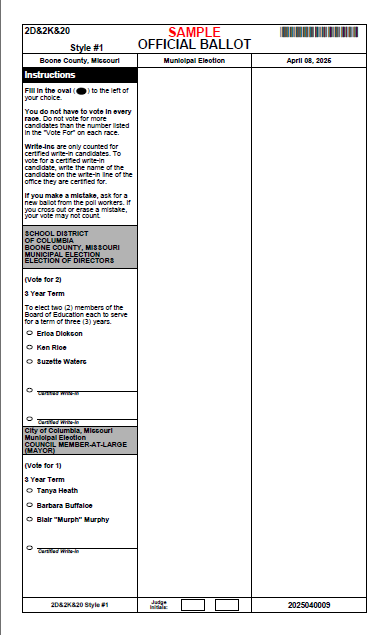 A sample ballot for the General Municipal Election on April 8.