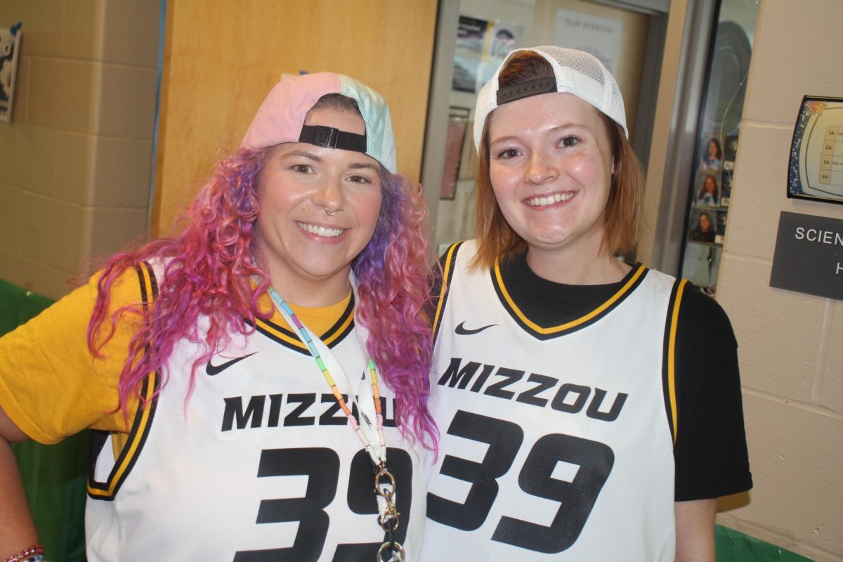 Science teacher Ms. Kelsey Mescher and AVID Coordinator Ms. Liz Flippin wore matching Mizzou jerseys on Thursday for Iconic Duo/Group Day.