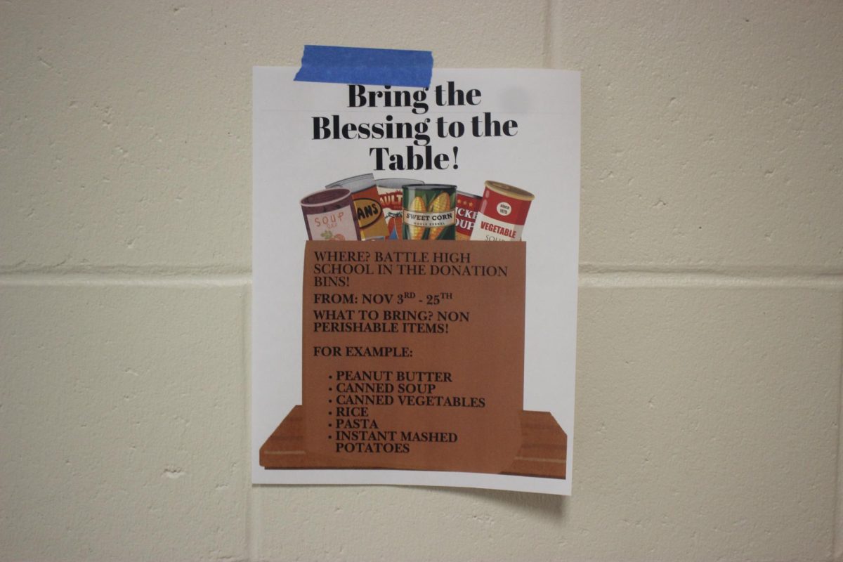 Flyer from Food Drive posted on the upper E hallway wall.